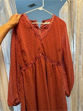 Textured Swiss Dot Midi Dress in Rust - Lightweight Long Sleeve
